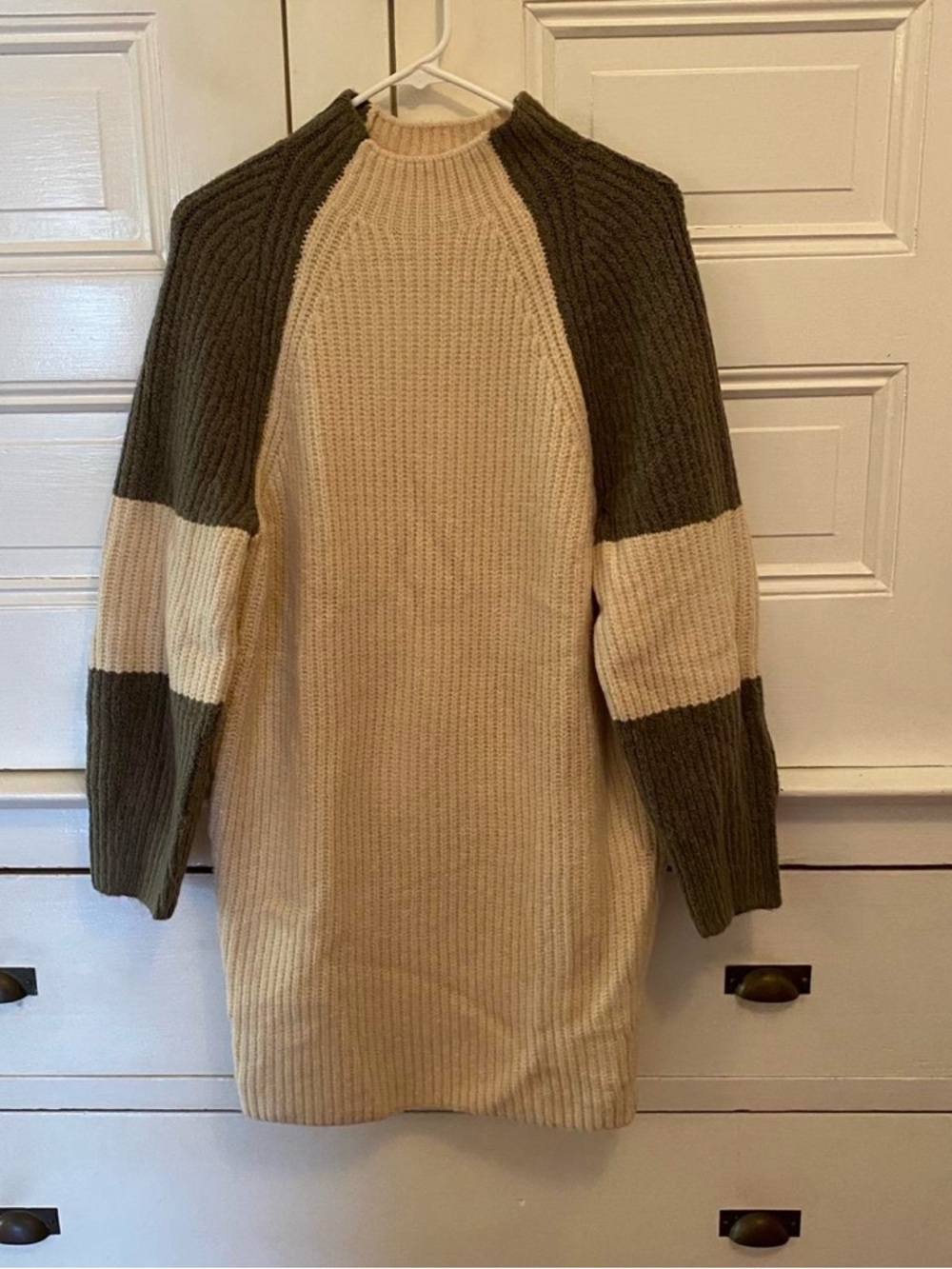 Express Cream & Brown Ribbed Colorblock Crewneck Sweater Dress
